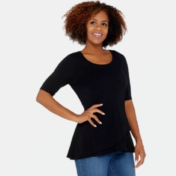 Isaac Mizrahi Tops - Elbow Bow Sleeve Peplum Flounce Knit Top Black Isaac Mizrahi Sz Large